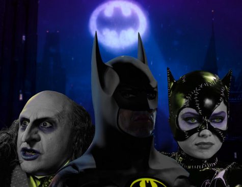 Three of the most important figures from the 1992 "Batman Returns" by Tim Burton: the Penguin, Batman, and Catwoman.